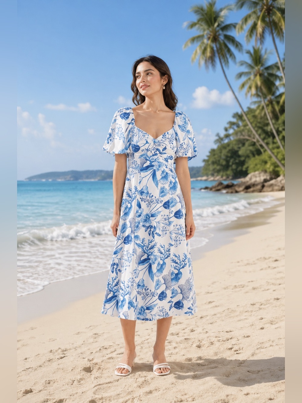 Avec Les Filles Floral Linen Blend fit flare dress